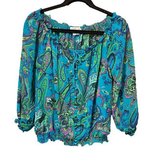 Chaus Vibrant Paisley Print Blouse in Blue and Green with Adjustable Strap Cami